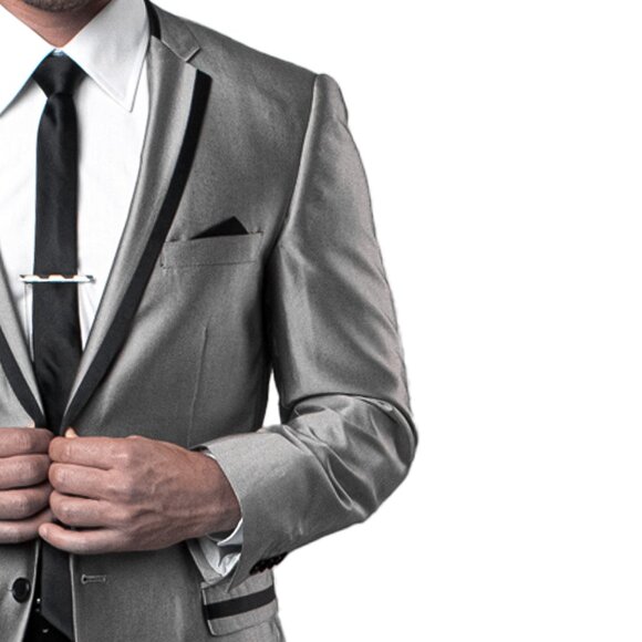 2pc Shiny Dark Silver Mens Suit w/ Black Trim by Tazzio - Picture 2 of 5